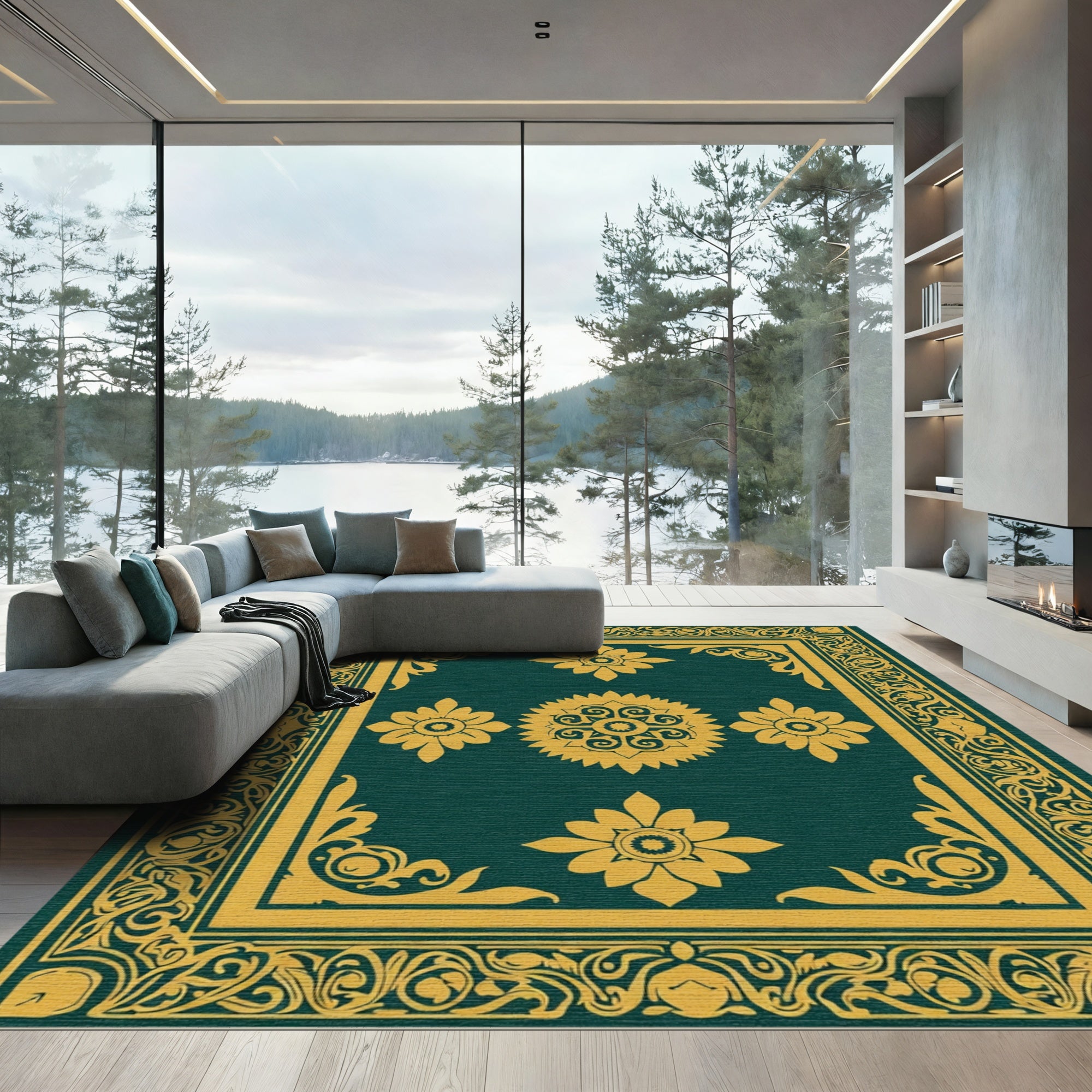 Emerald Gold Floral Medallion Border Rug