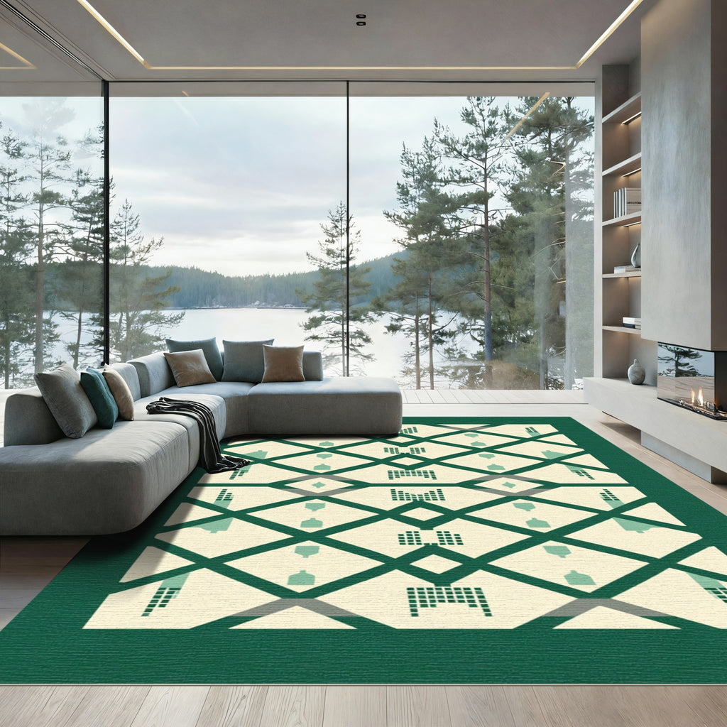 Emerald And Cream Geometric Diamond Rug
