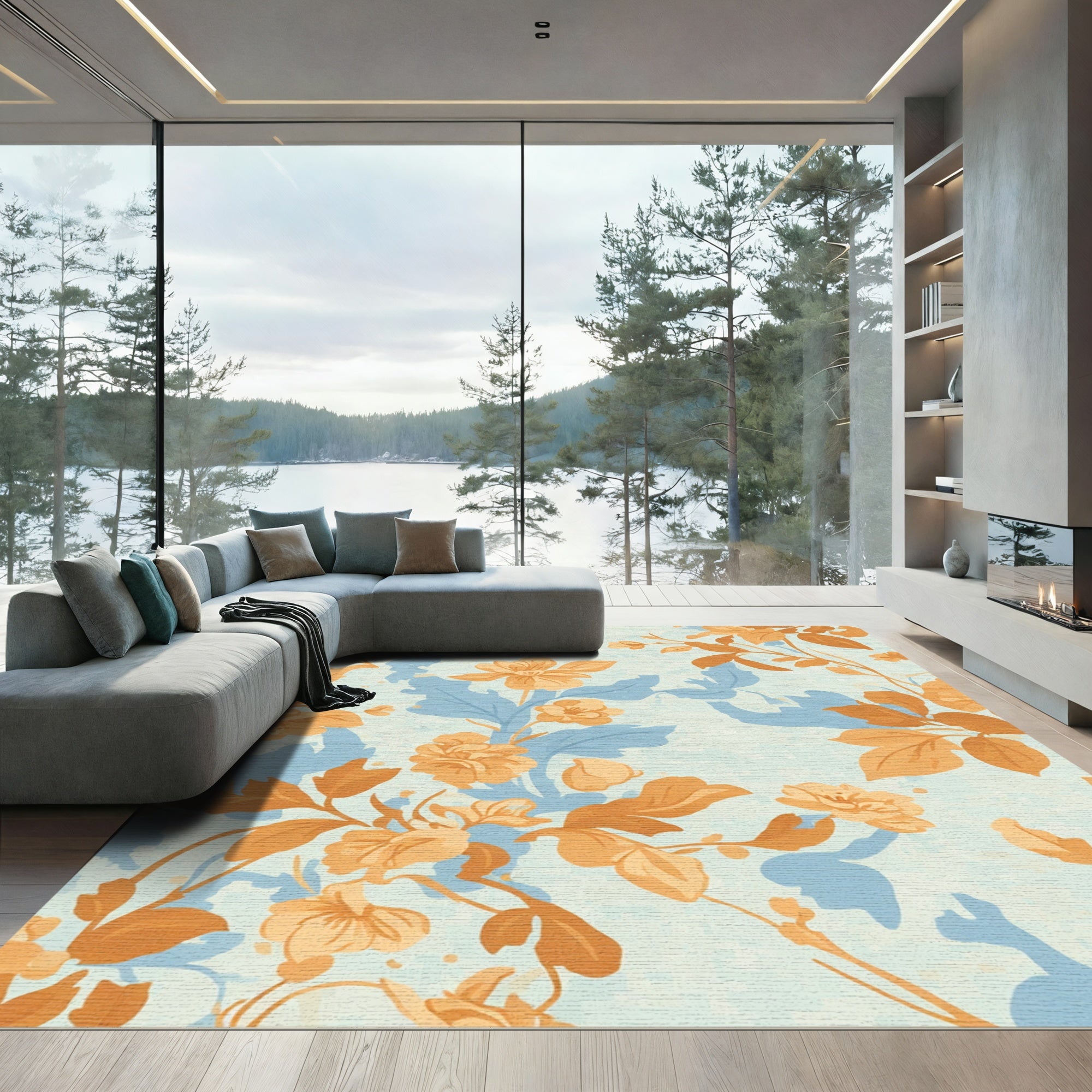 Orange Blue Floral Vines Background Rug