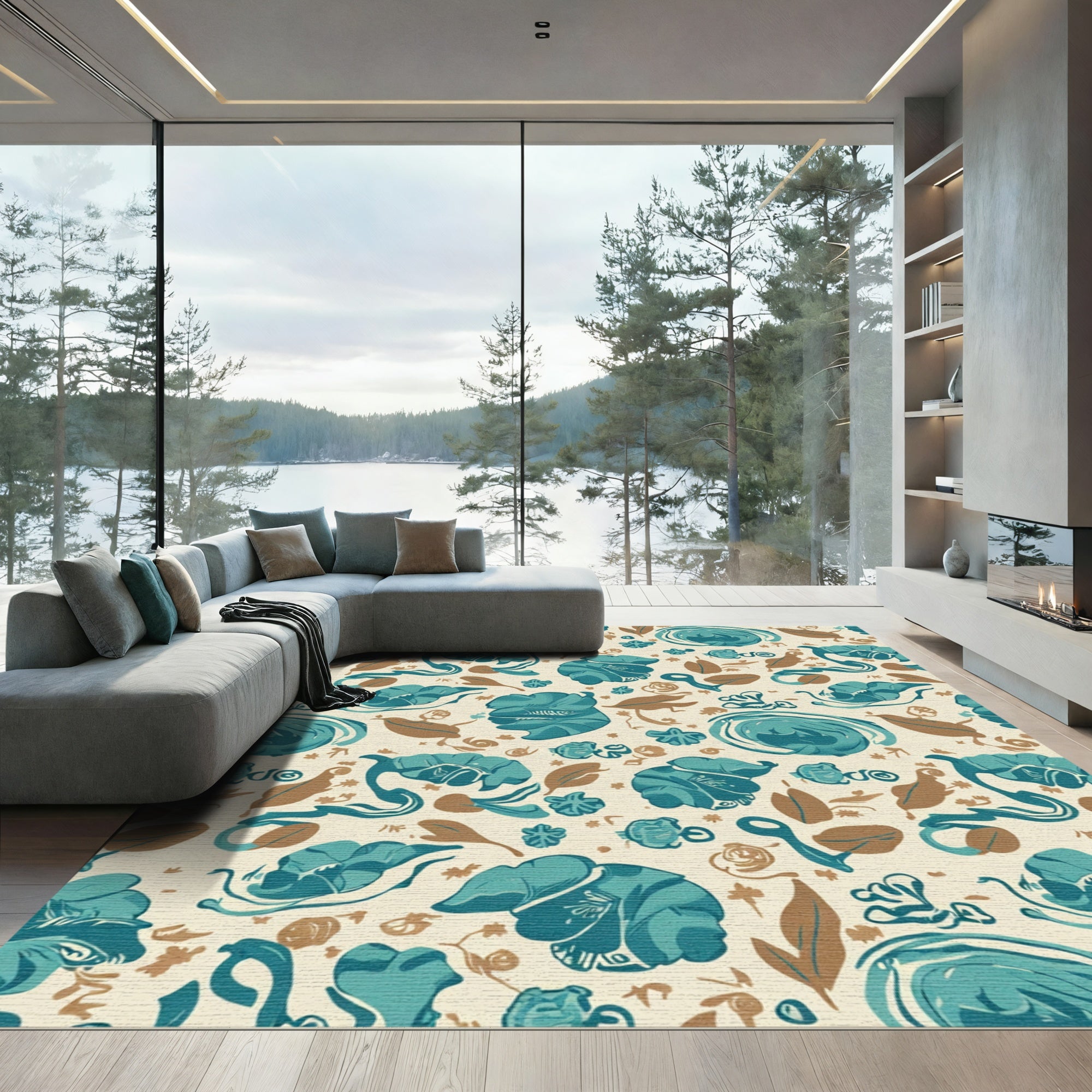 Teal Blue Golden Leaf Swirl Rug