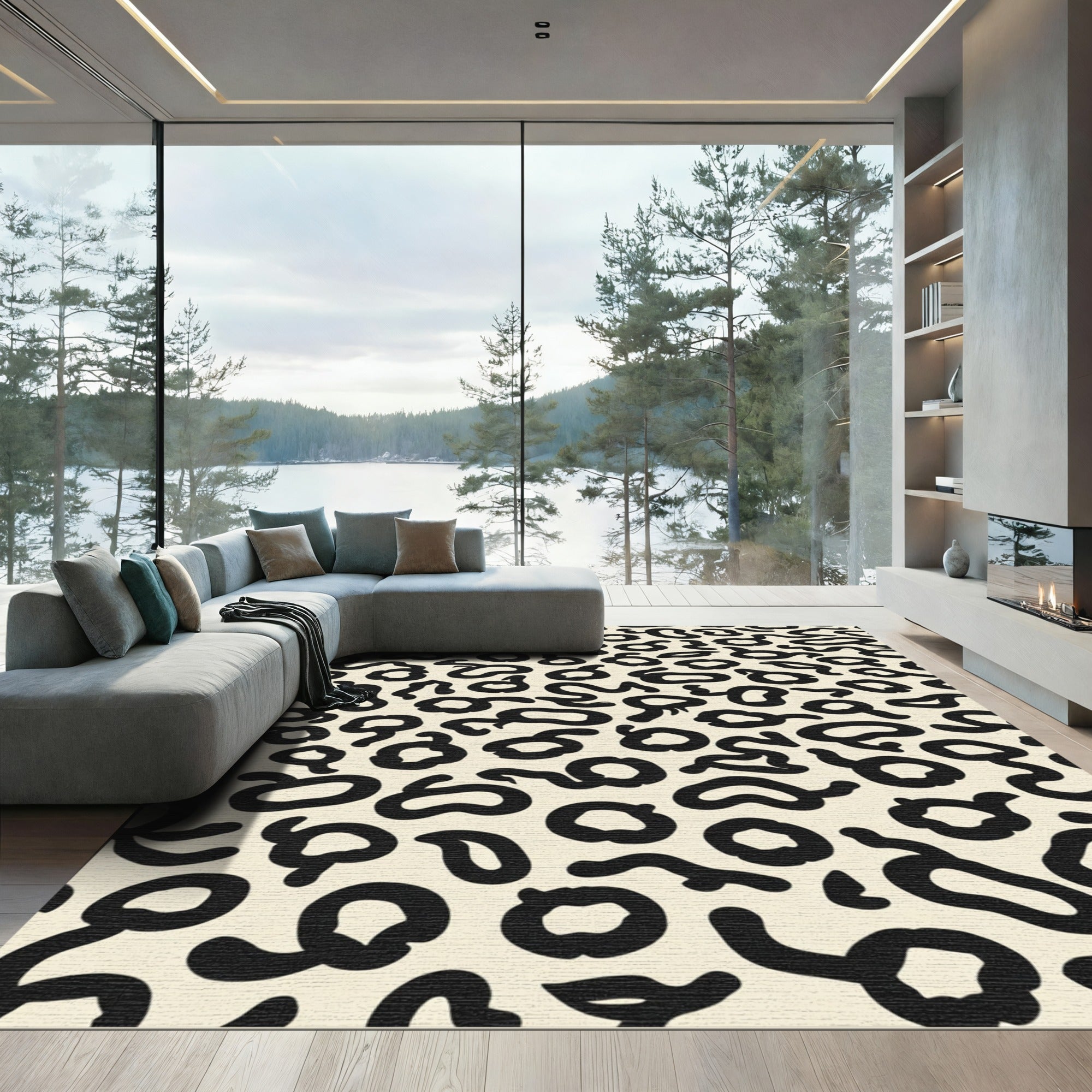 Cream Black Abstract Spots Rug