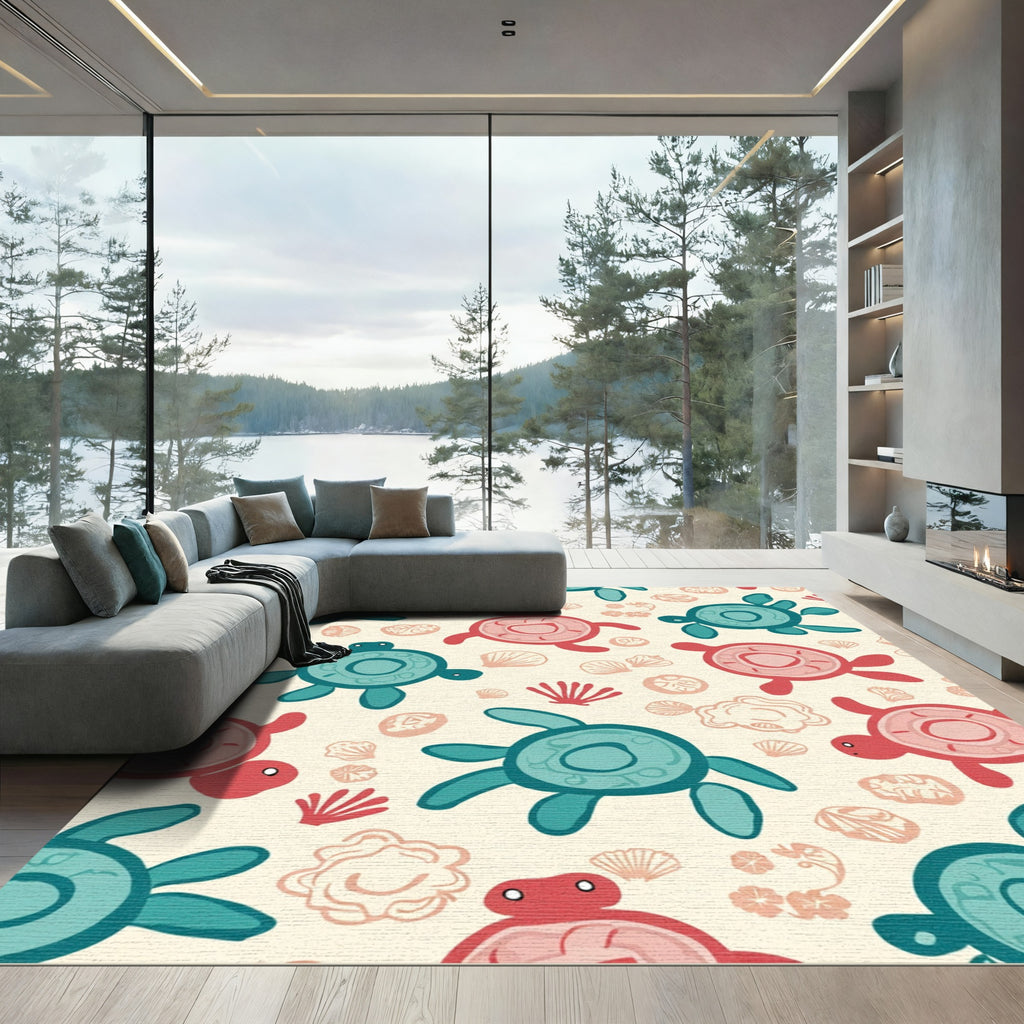 Coral Teal Turtle Shell Seashell Composition Rug