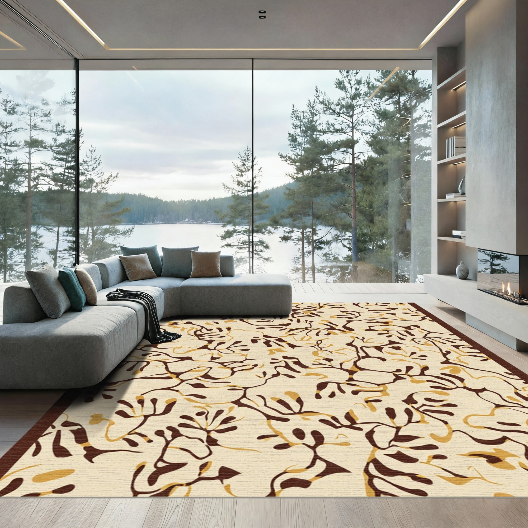 Organic Tan Brown Branch Network Rug