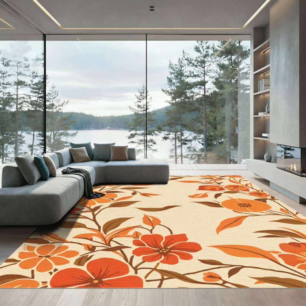 Retro Orange Floral Vine Swirl Rug