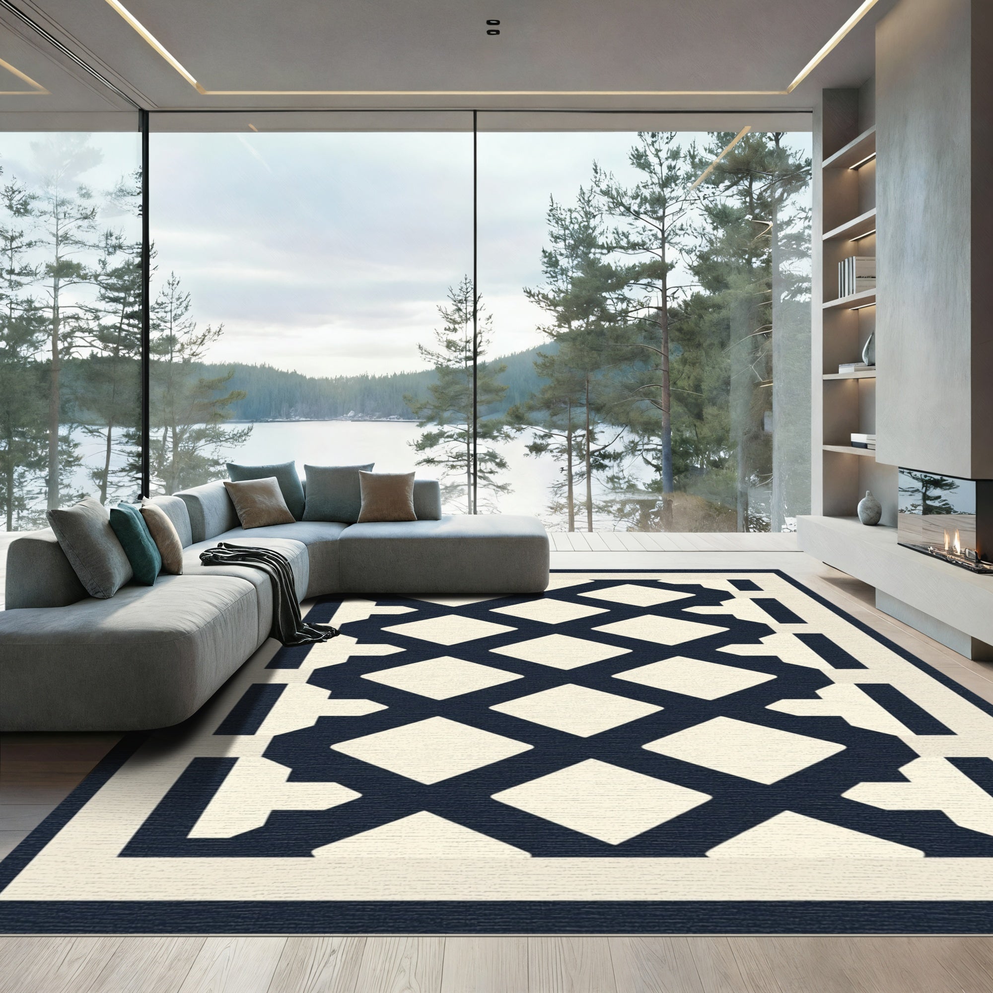 Navy Cream Diamond Lattice Border Rug