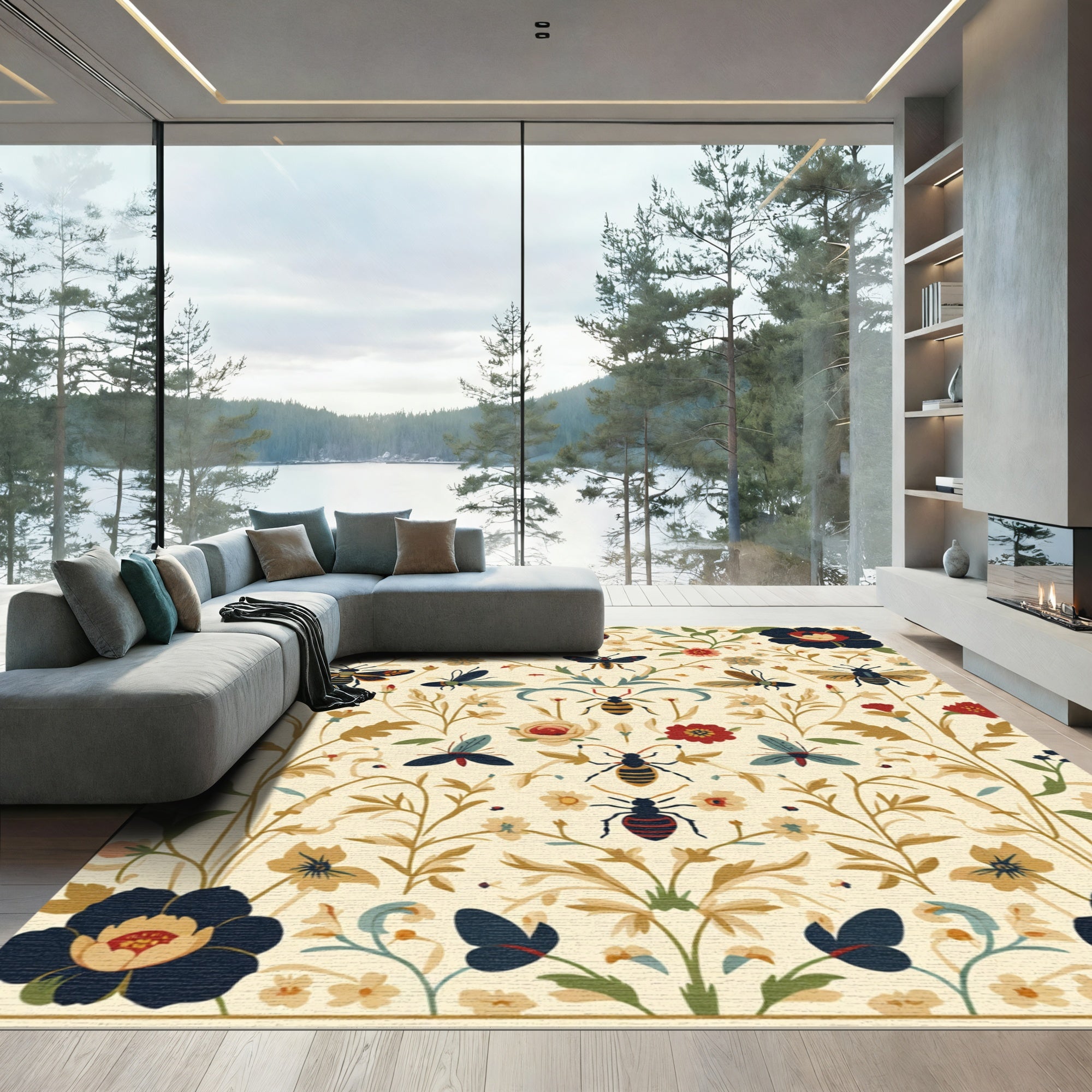 Cream Floral Insect Garden Botanical Rug