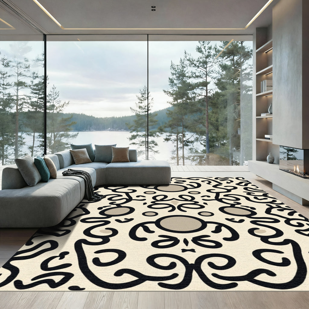 Cream Black Curled Abstract Figures Rug