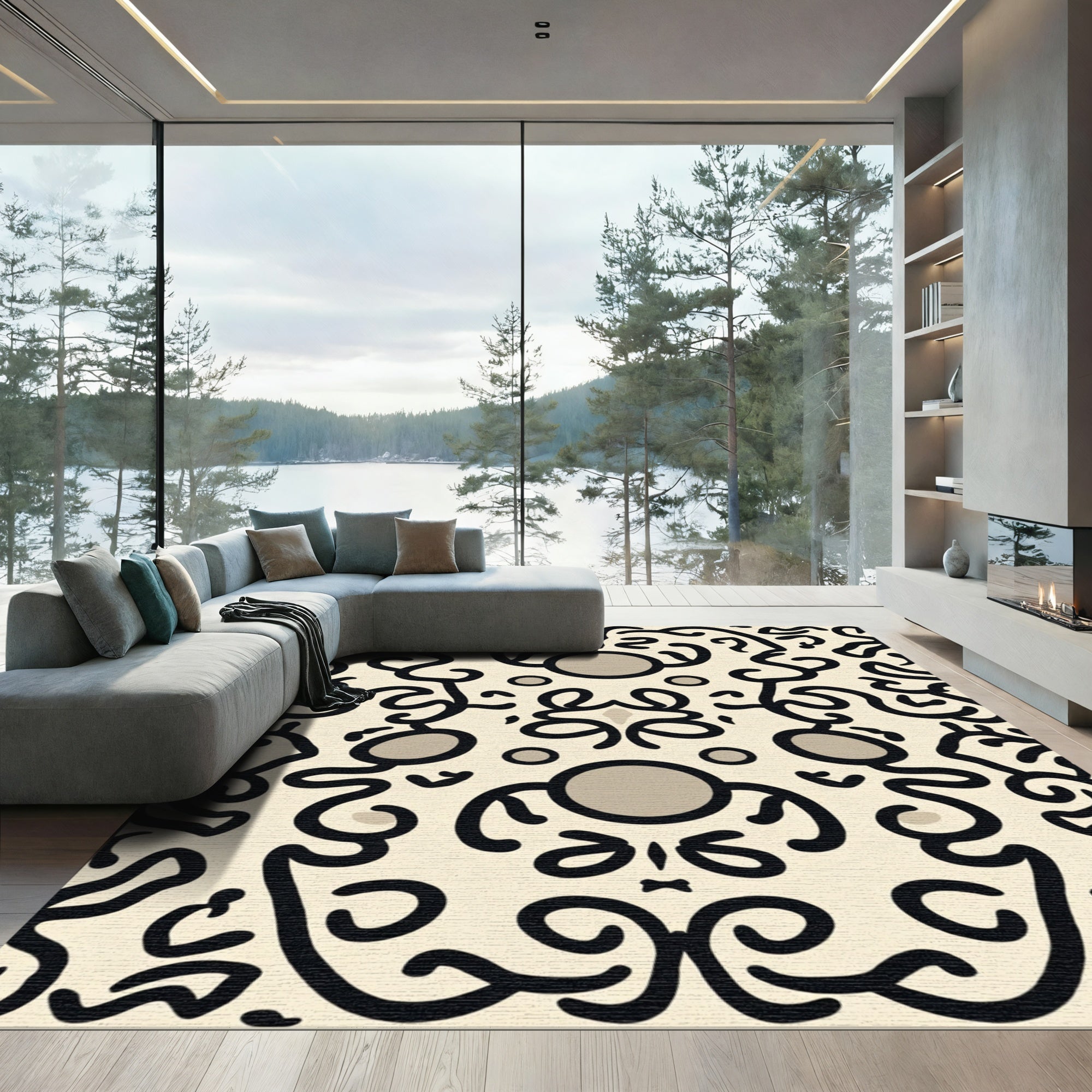 Cream Black Curled Abstract Figures Rug