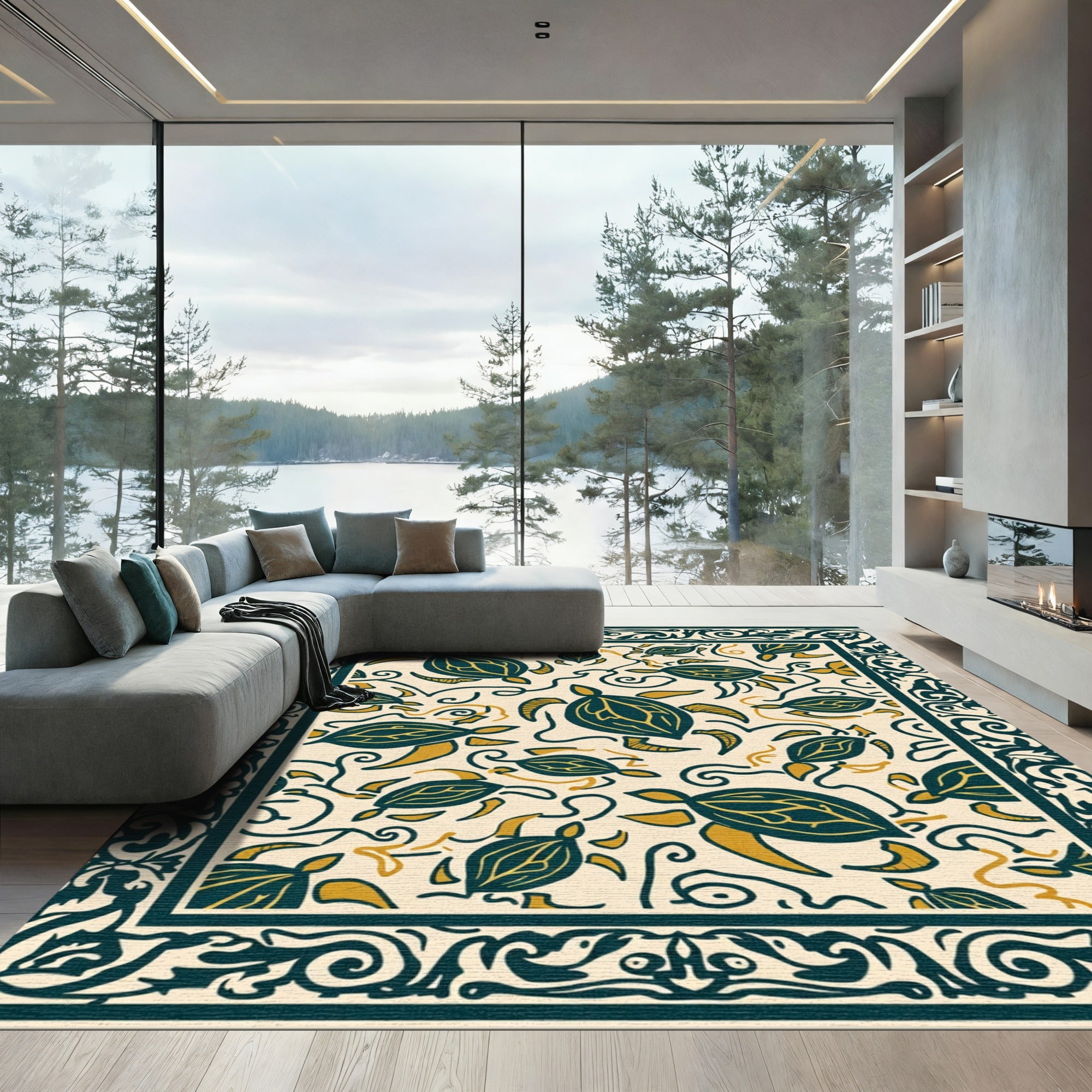 Teal Yellow Turtle Swirl Border Rug