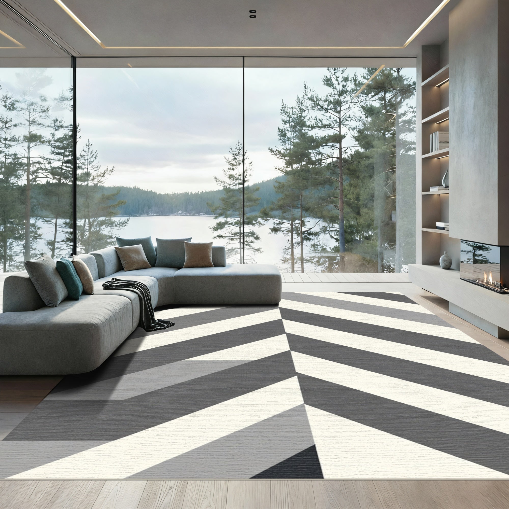 Modern Gray Herringbone Stripe Rug