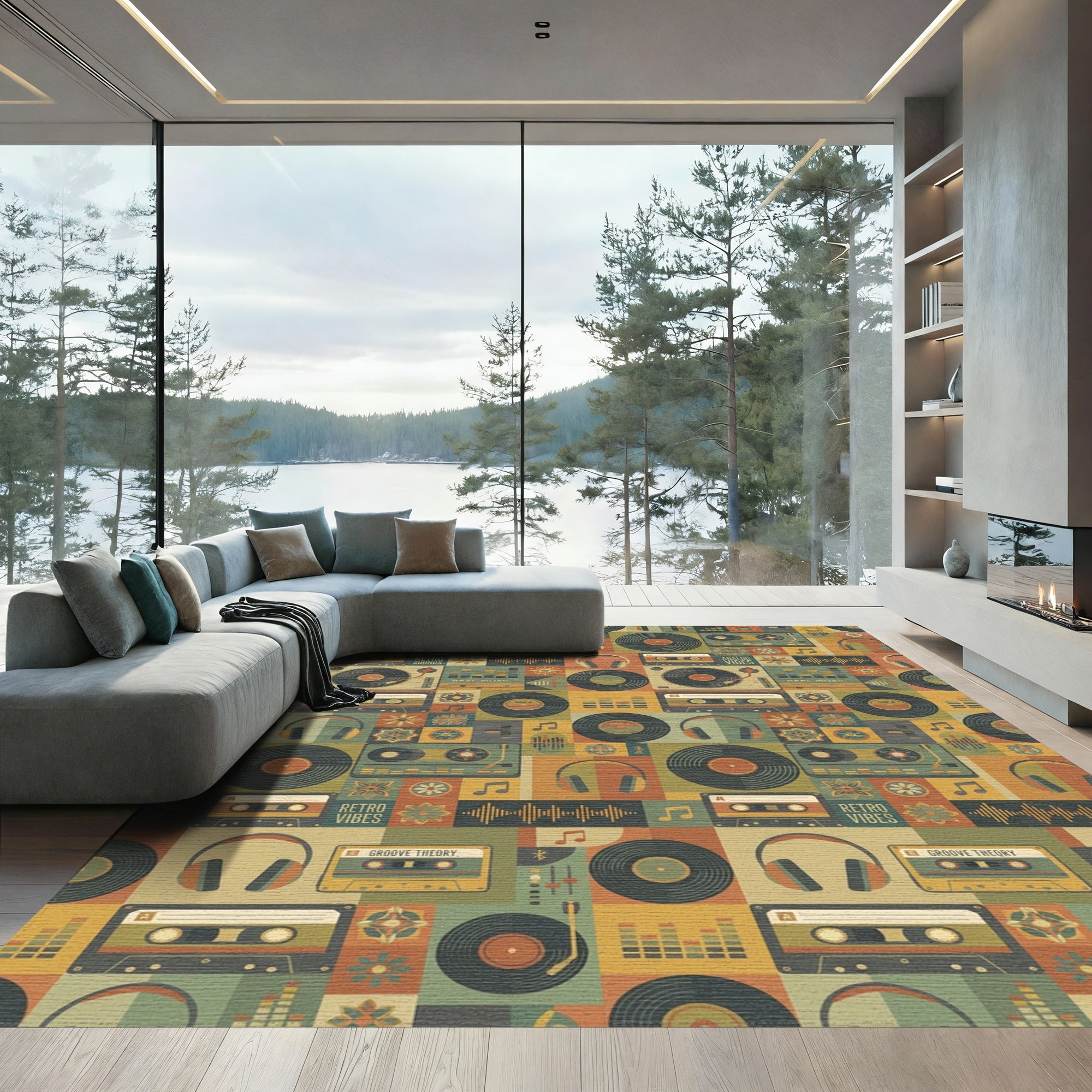 Retro Music Cassette Vinyl Headphone Collage Rug
