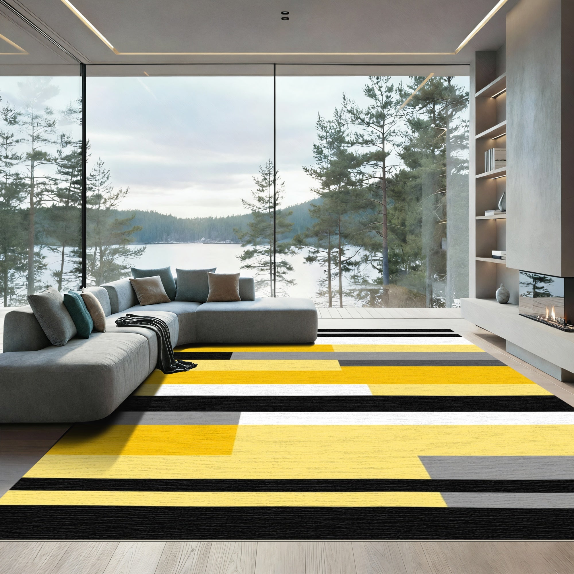 Bold Yellow Gray Black Stripe Accent Rug