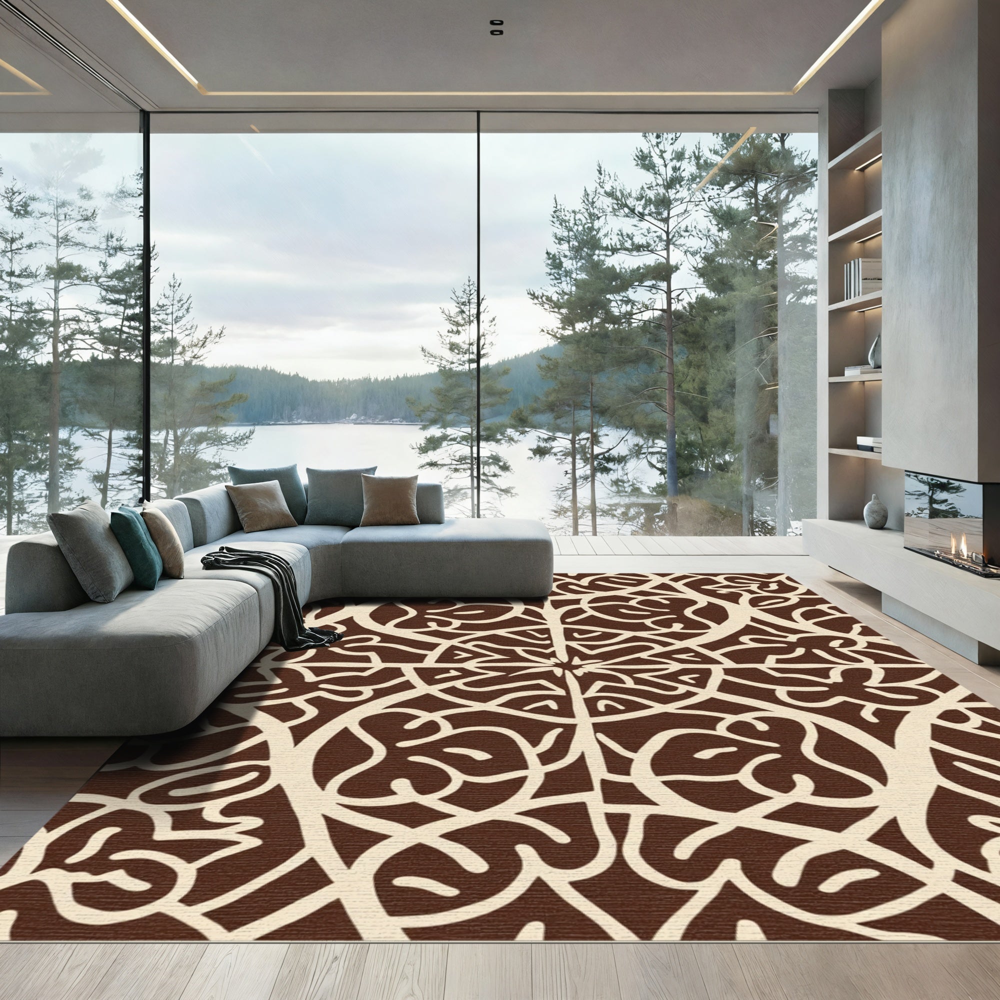 Brown Beige Organic Vine Mandala Rug