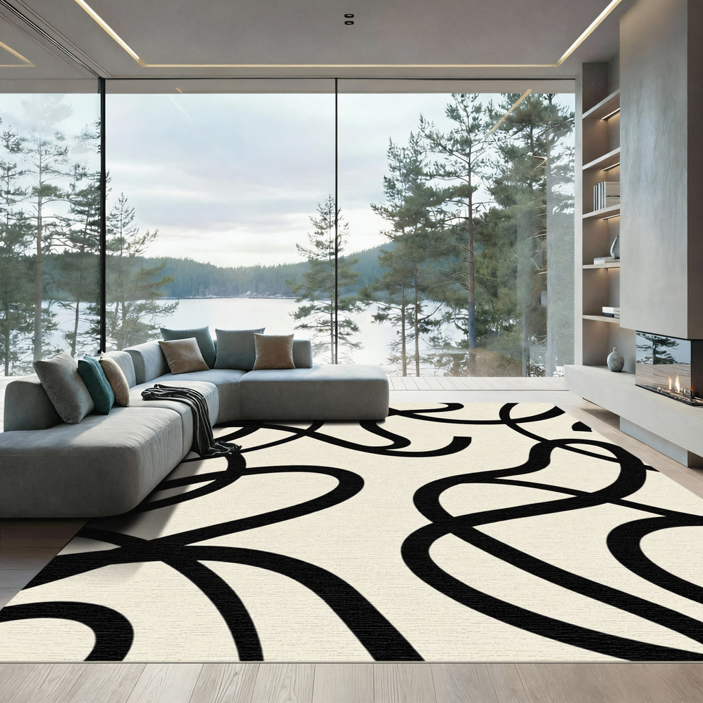 Modern Black Swirl Cream Rug