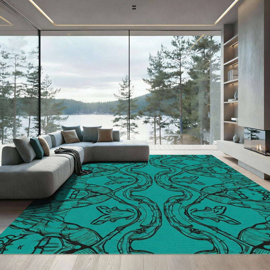 Turquoise Black Elaborate Scroll Medallion Rug
