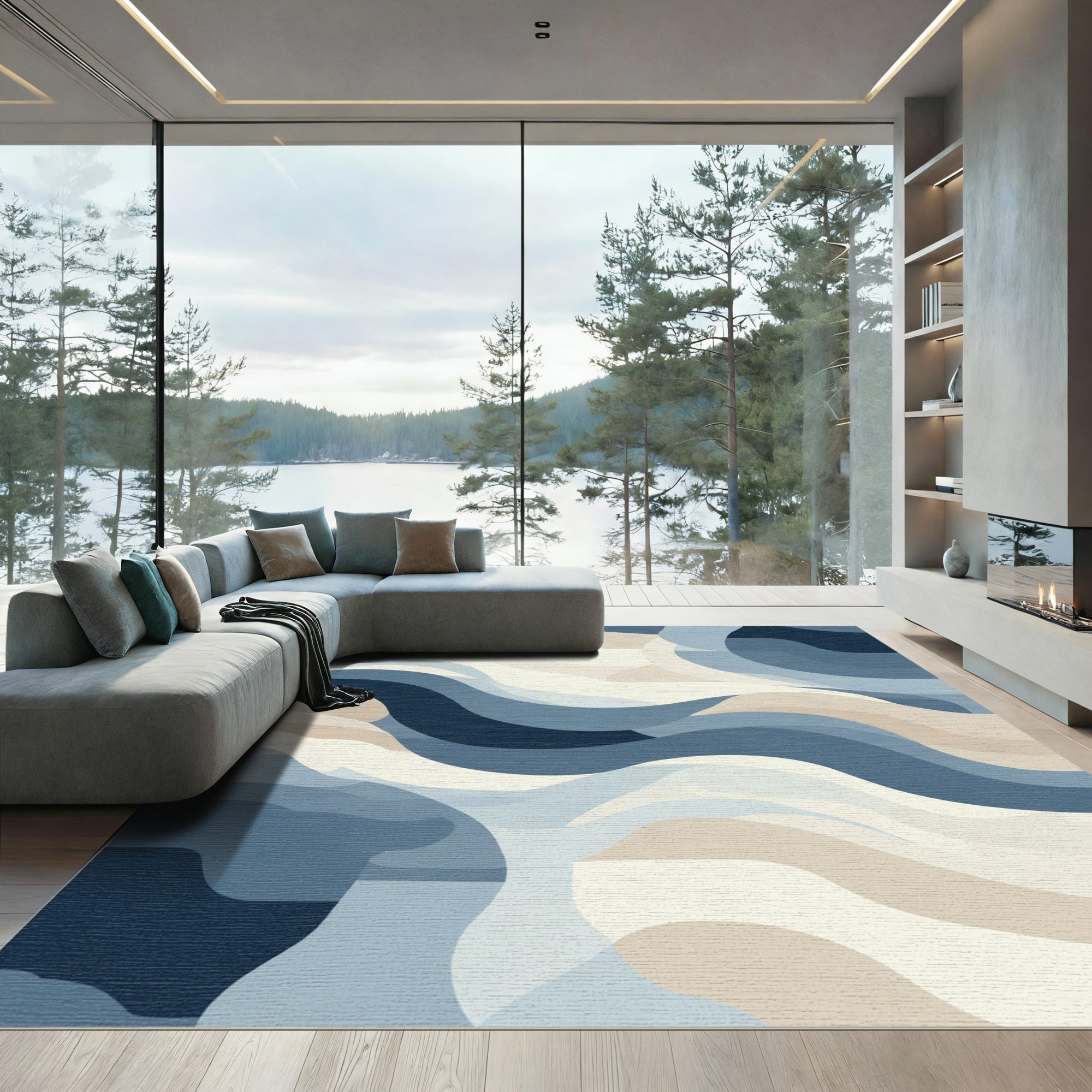 Oceanic Blue Abstract Wave Composition Rug