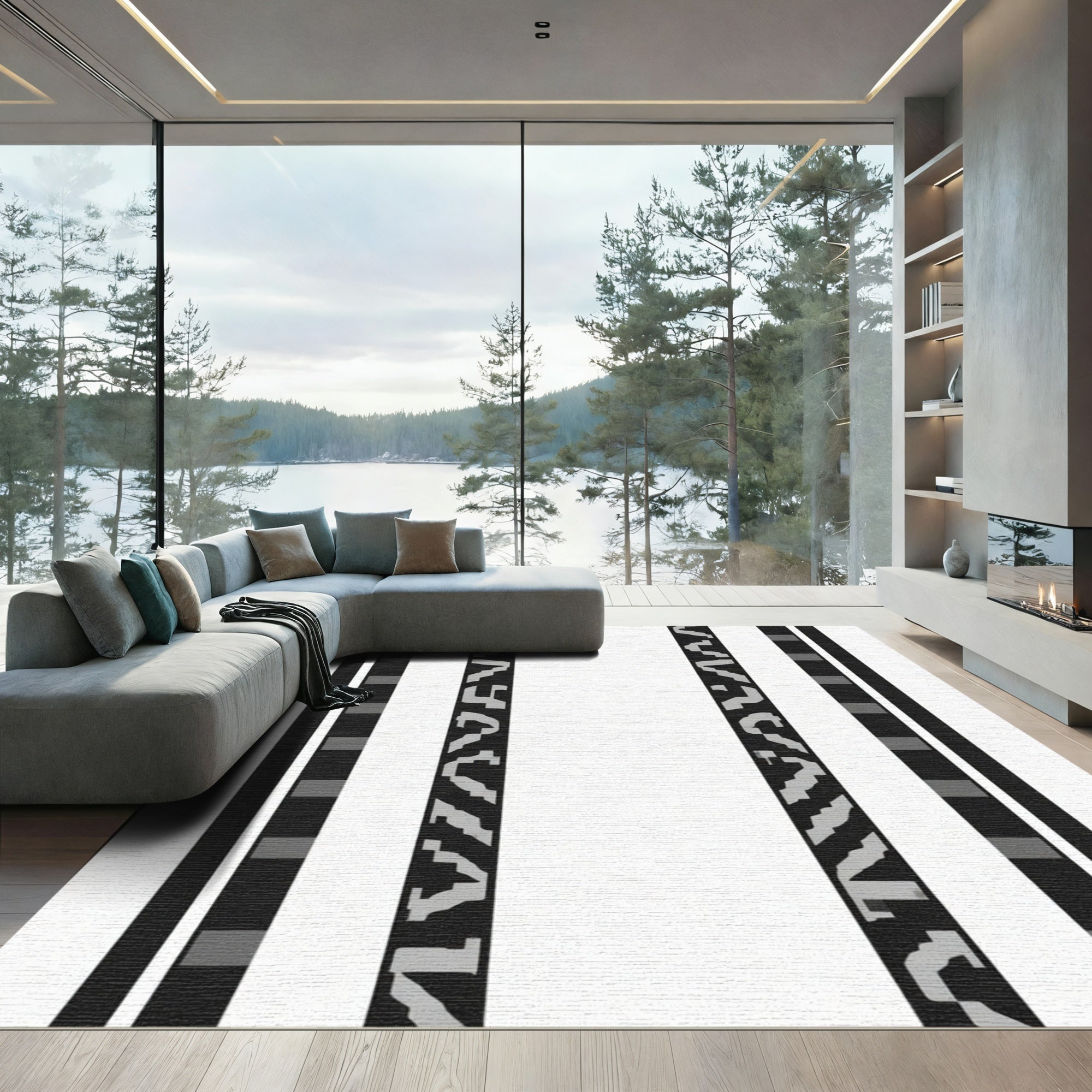 Black White Gray Segmented Stripe Rug