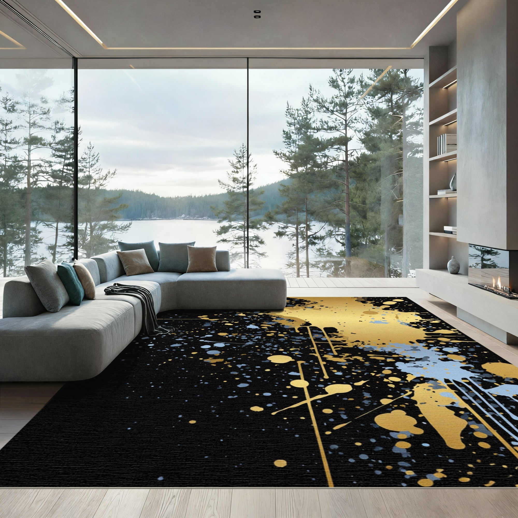 Gold Blue Splatter Abstract Splash Rug