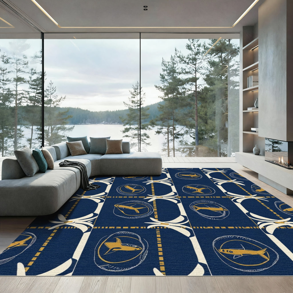 Deep Blue Golden Fish Oval Rug