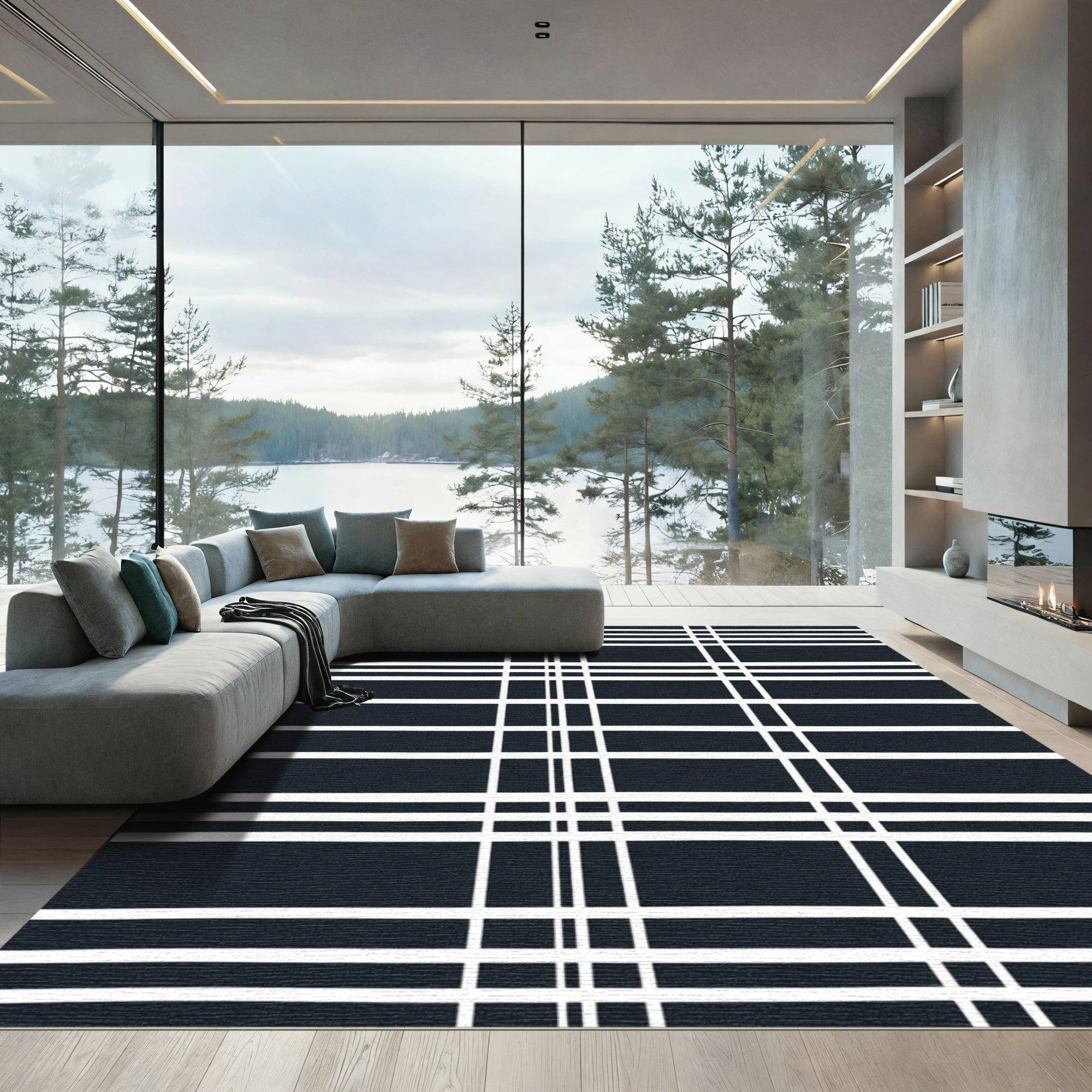 Deep Navy White Plaid Lines Rug