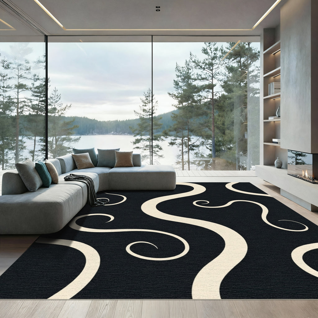 Cream Swirls on Black Background Rug