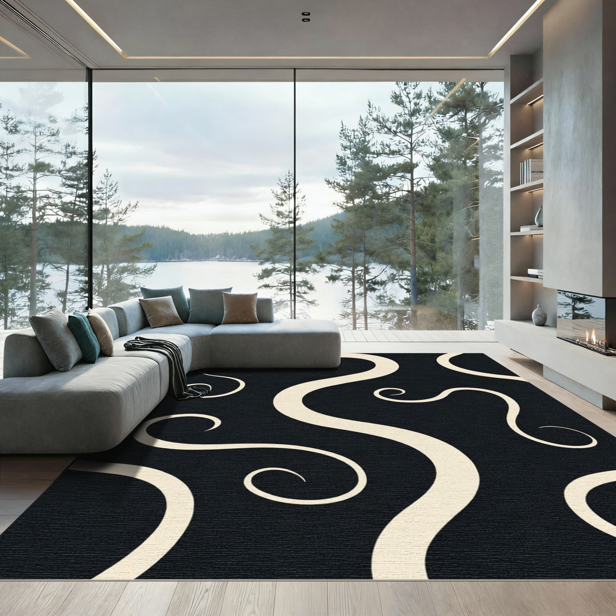 Cream Swirls on Black Background Rug