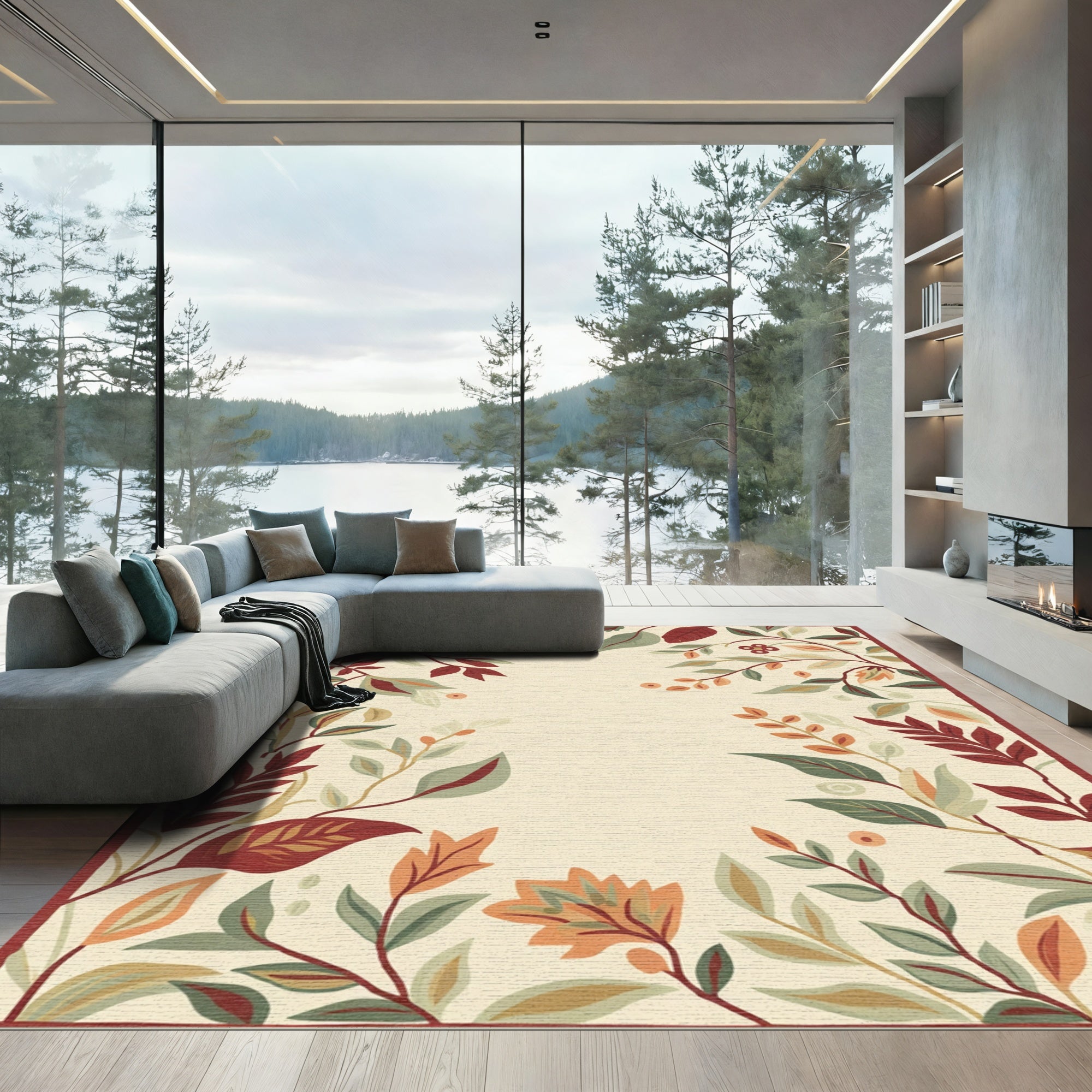 Earthy Autumn Garden Foliage Border Rug