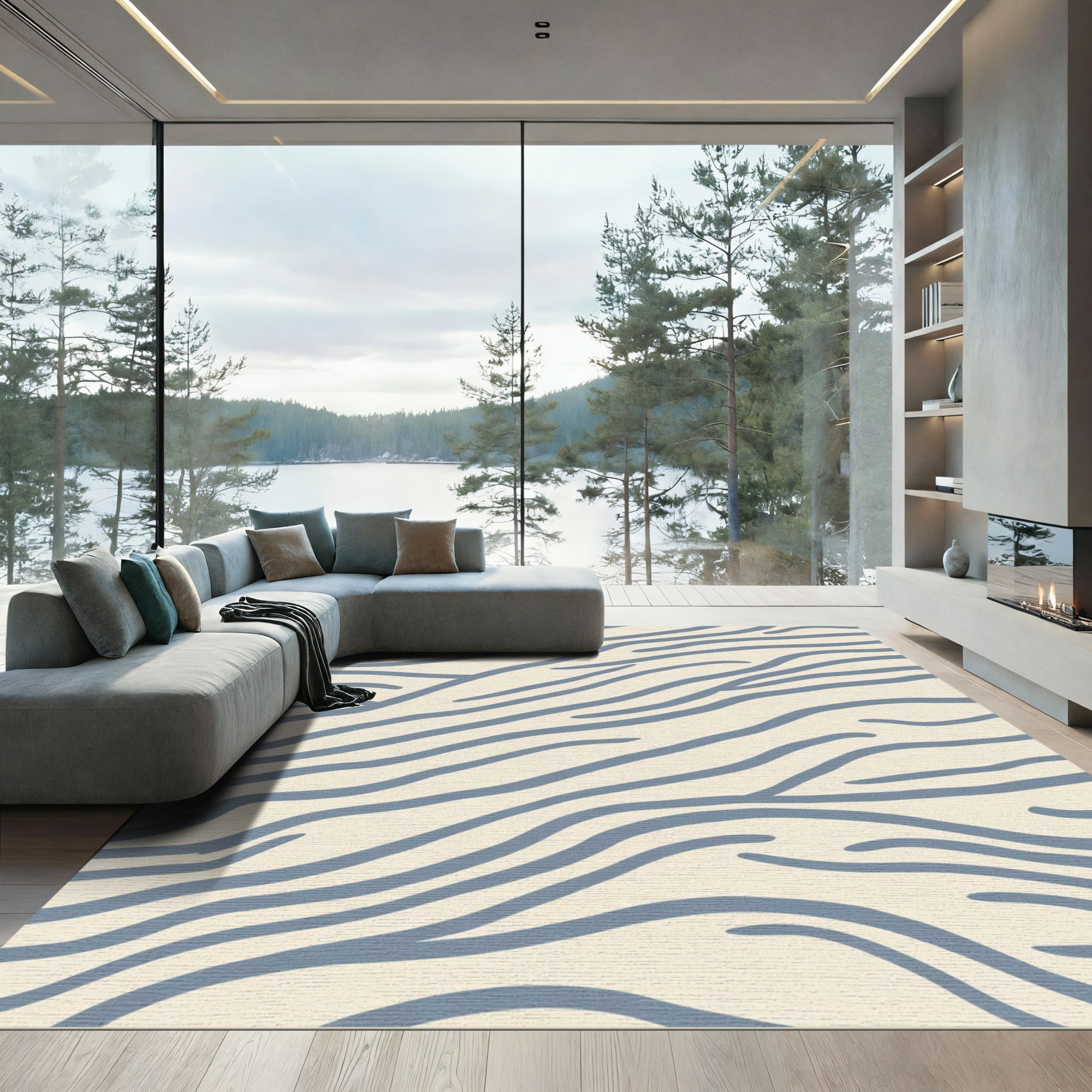 Blue Contemporary Flowing Lines Rug