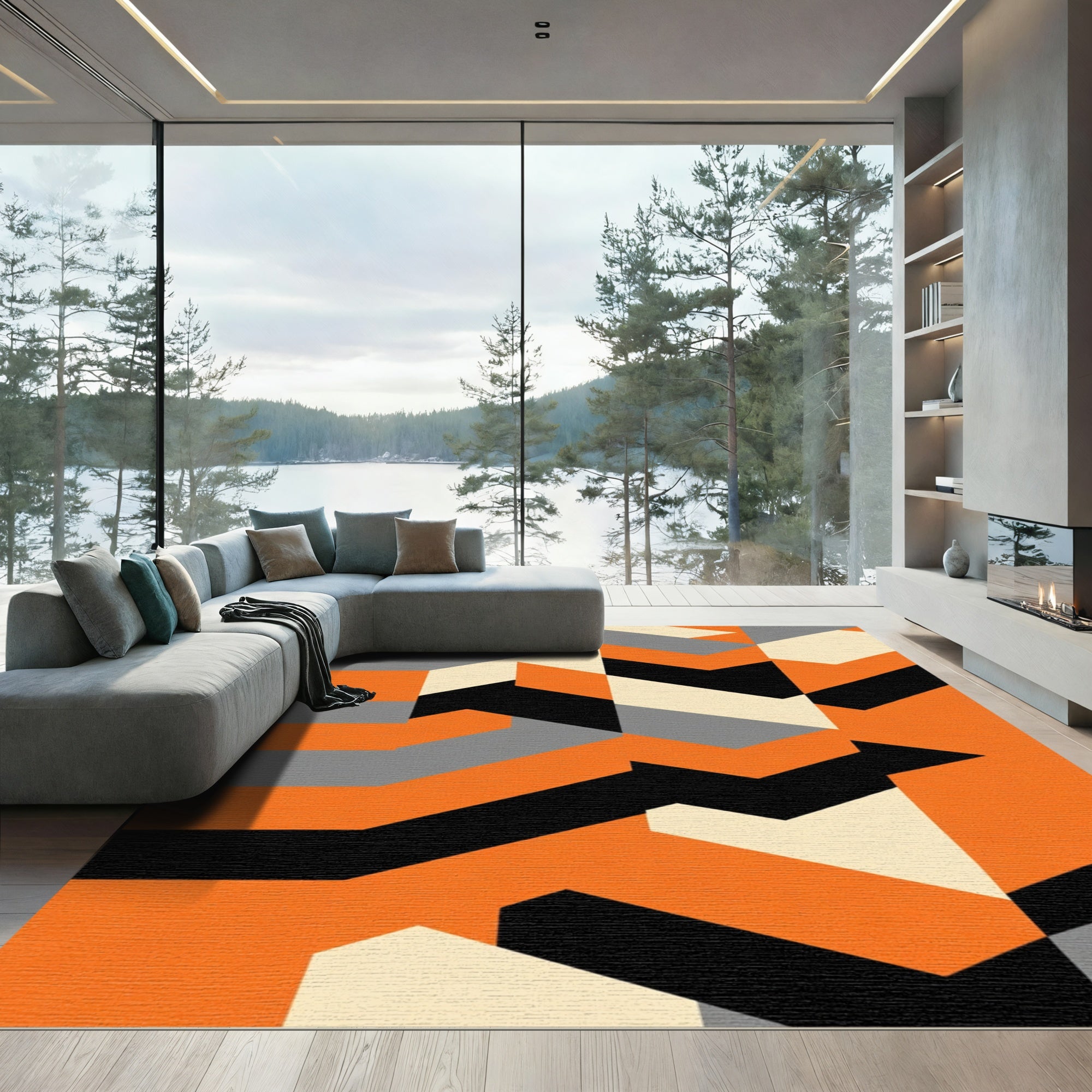 Orange Black Gray Geometric Angles Rug
