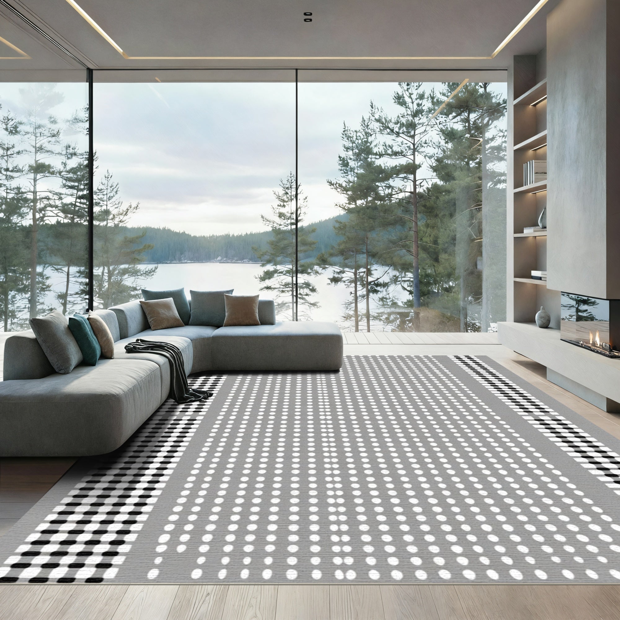 Gray White Dotted Checkerboard Border Rug