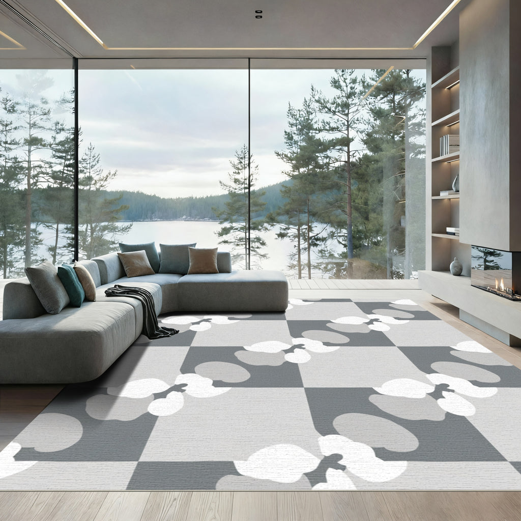 Monochromatic Checkerboard Orchid Blossom Rug