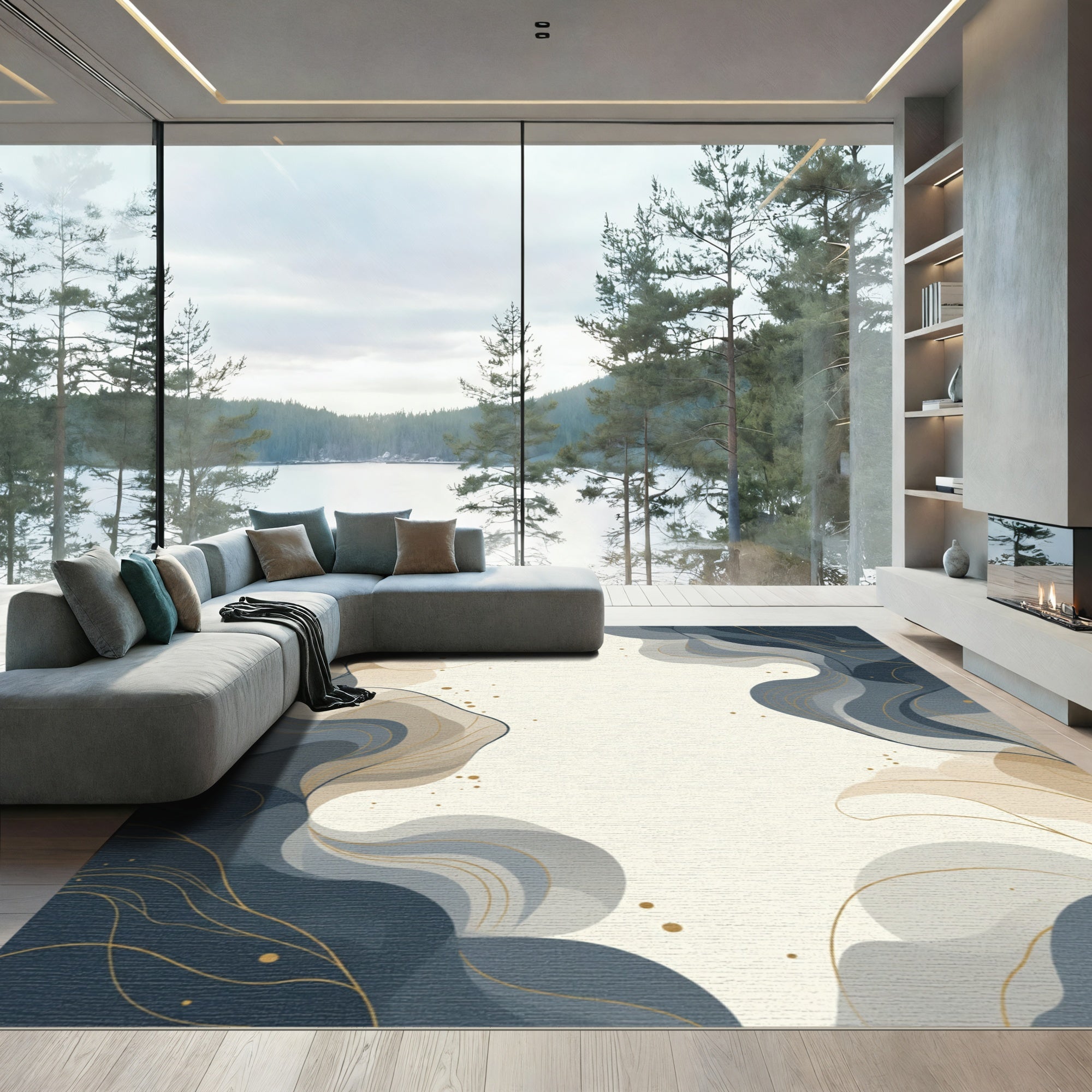 Abstract Navy Gold Swirl Flourish Rug