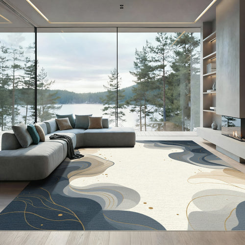 Abstract Navy Gold Swirl Flourish Rug