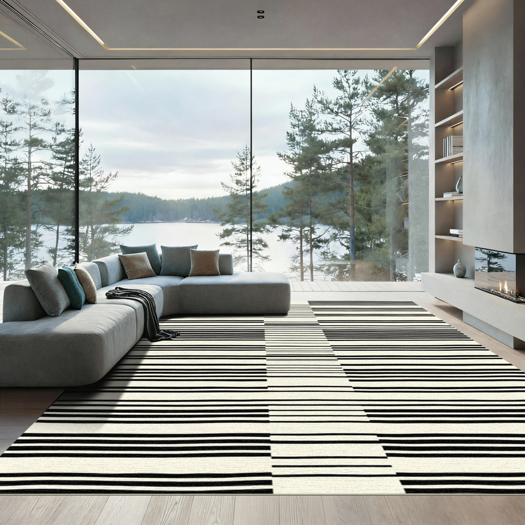 Modern Black Cream Linear Stripe Rug