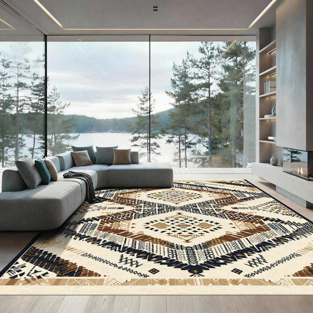 Earthy Beige Geometric Diamond Cluster Rug