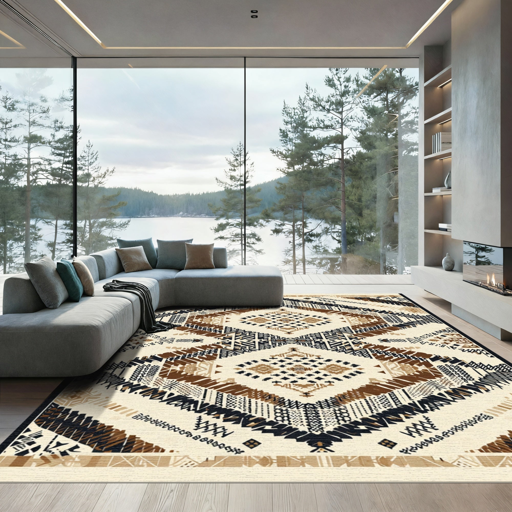 Earthy Beige Geometric Diamond Cluster Rug