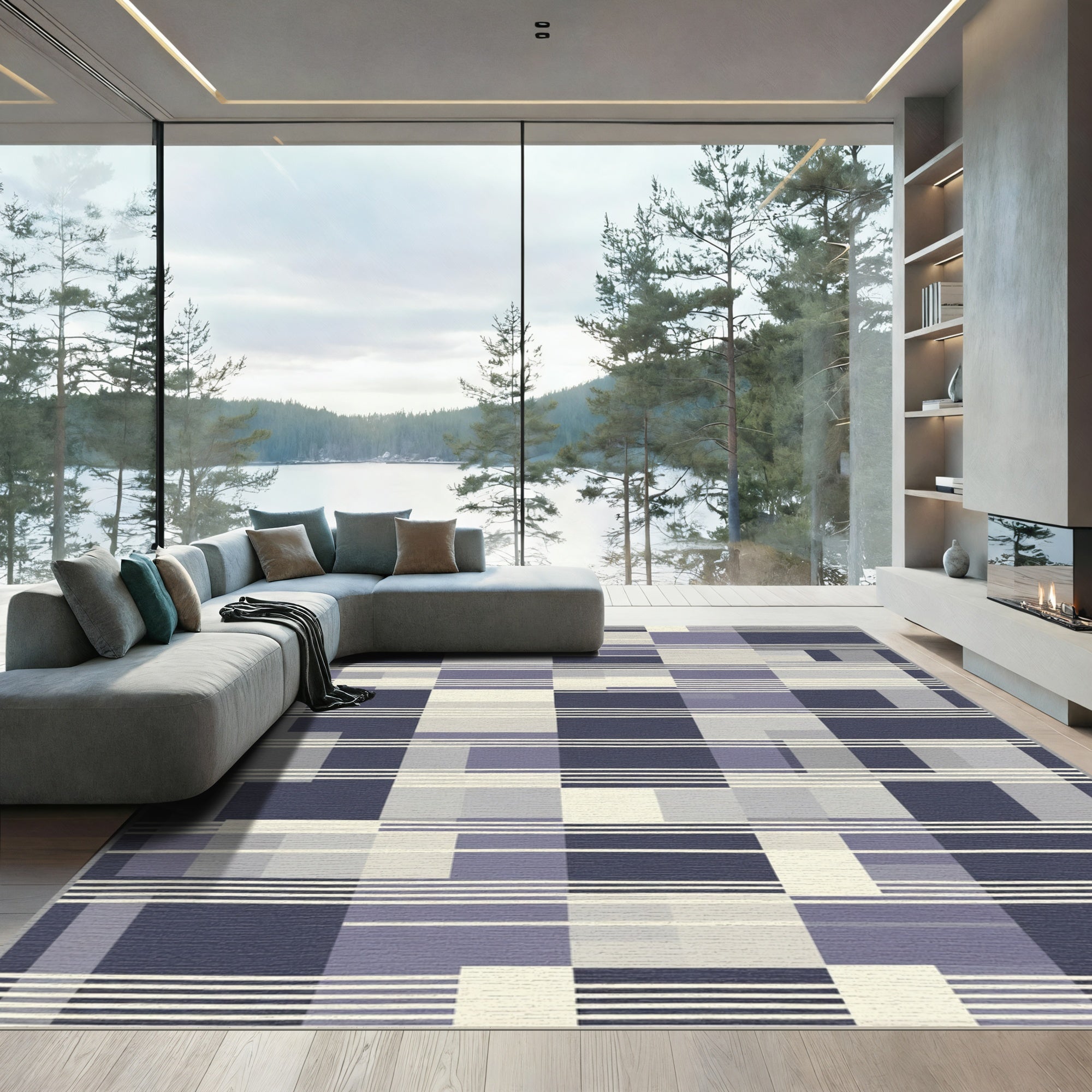 Midnight Blue Geometric Abstract Stripes Rug