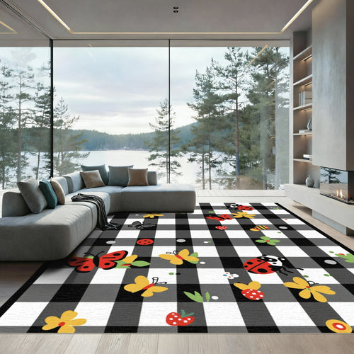 Black White Gingham Garden Critters Rug