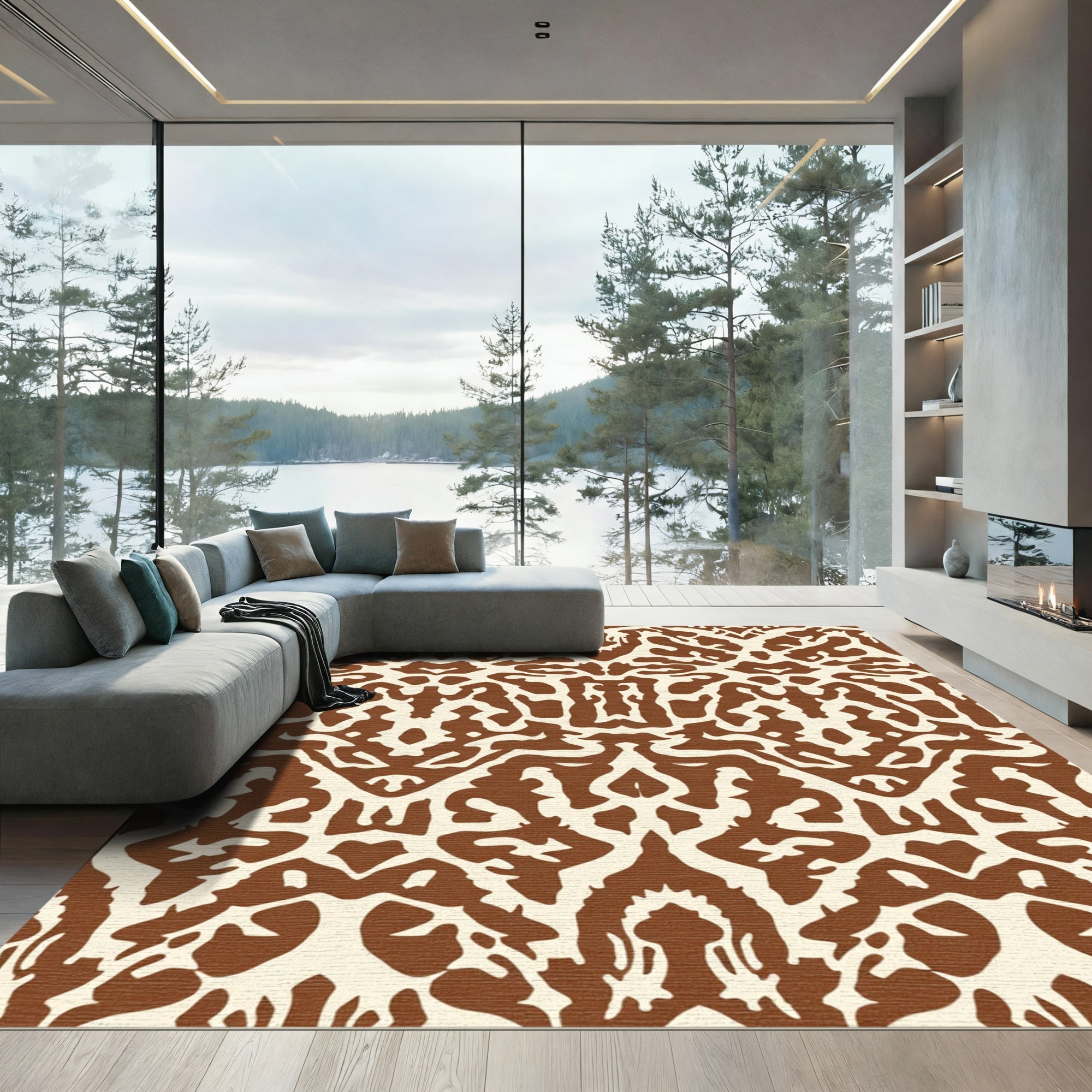 Brown Ivory Symmetrical Abstract Form Rug