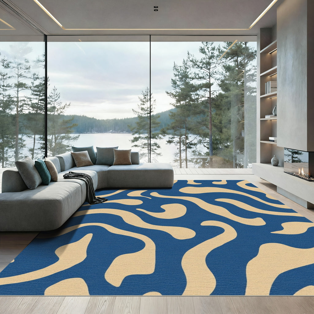 Deep Blue Organic Abstract Waves Rug