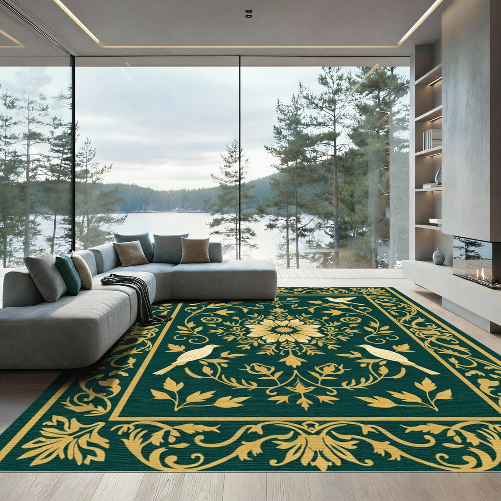 Emerald Gold Floral Bird Medallion Rug