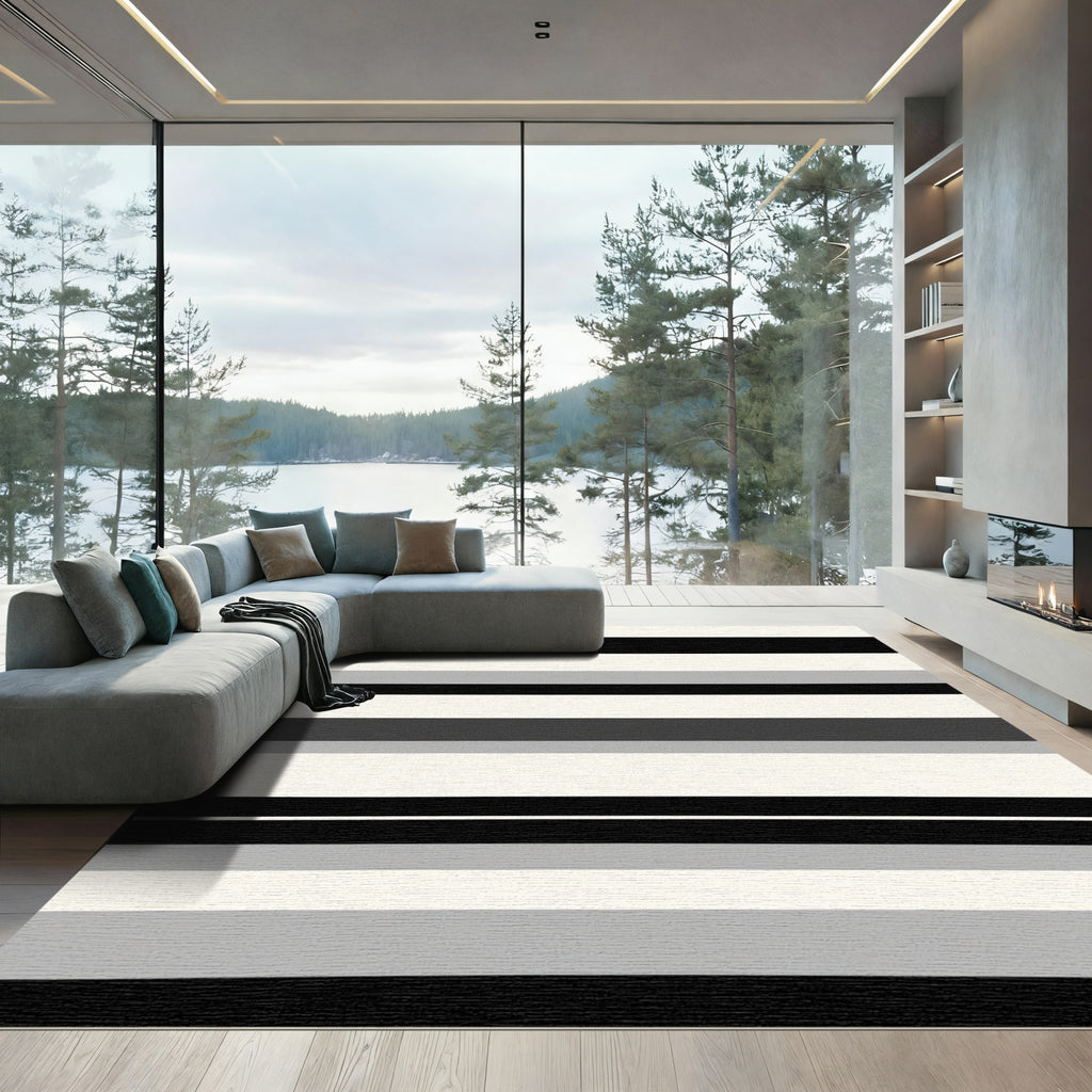 Modern Black Gray White Stripe Rug