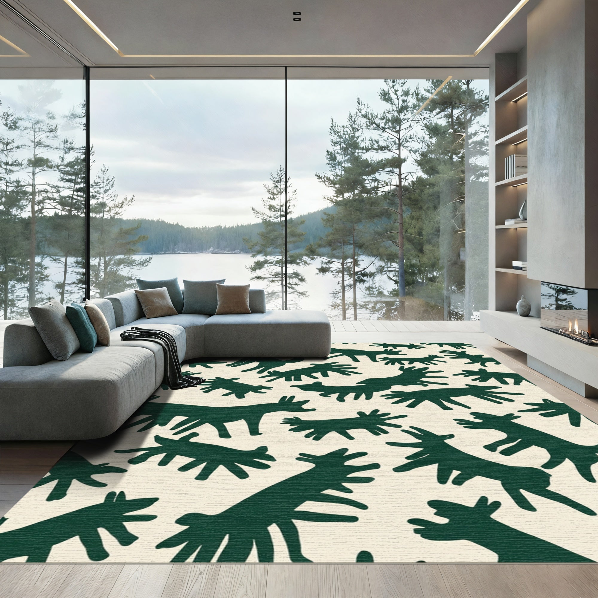 Dark Green Abstract Animal Silhouette Rug