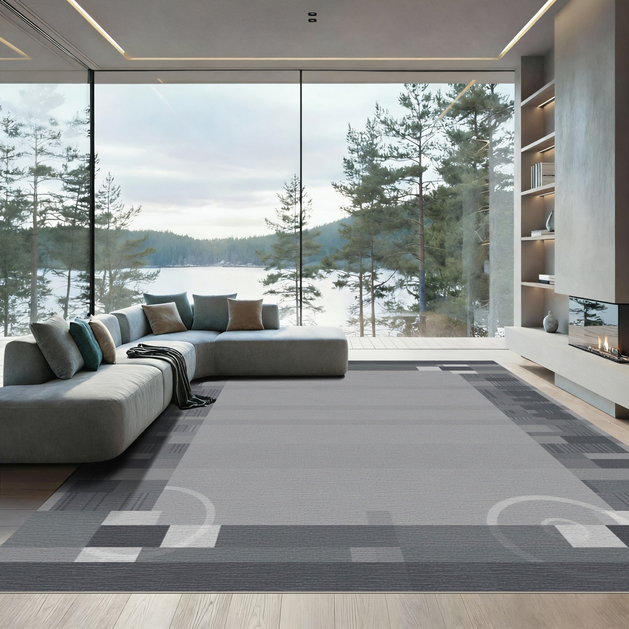 Modern Gray Geometric Block Rug
