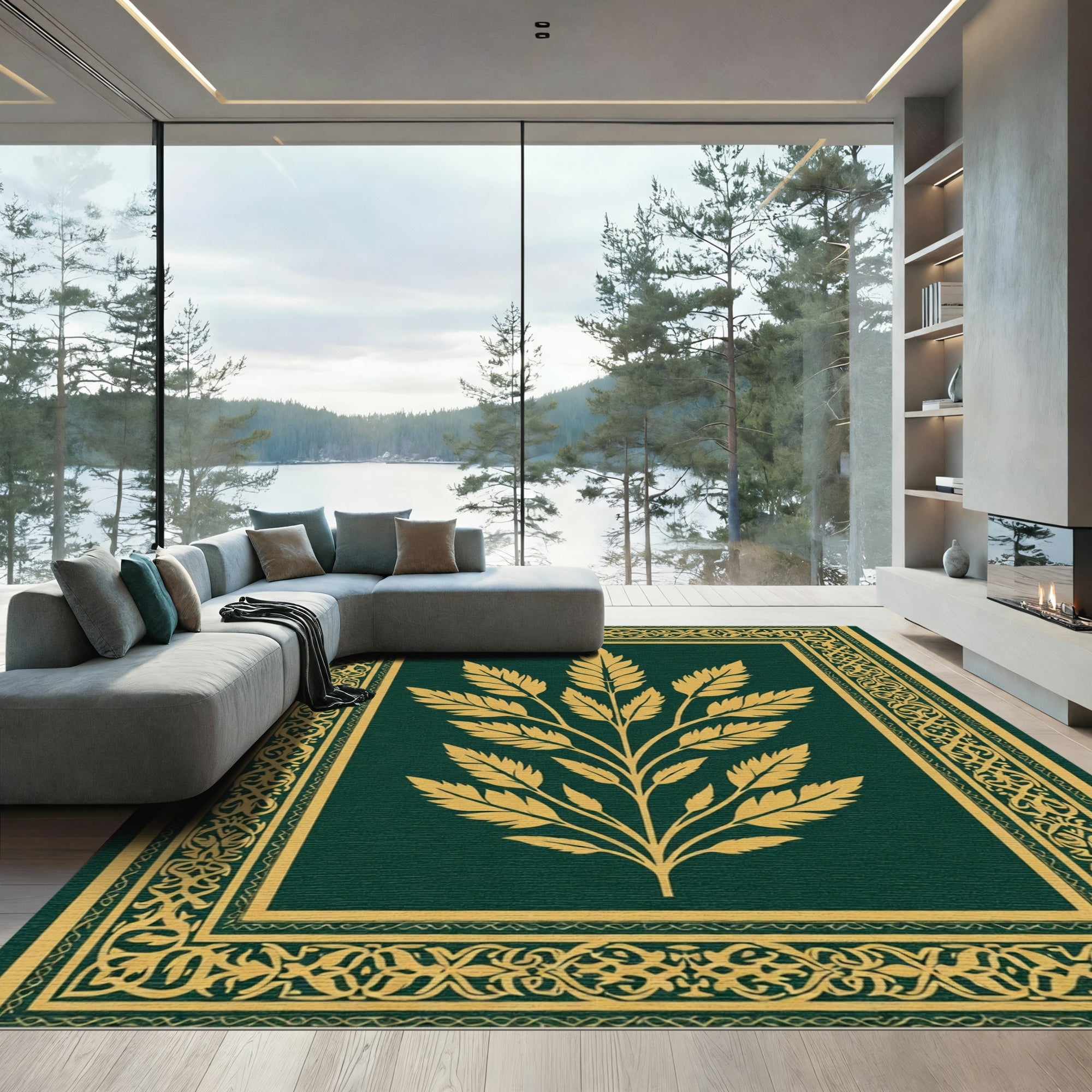 Emerald Golden Leaf Botanical Frame Rug