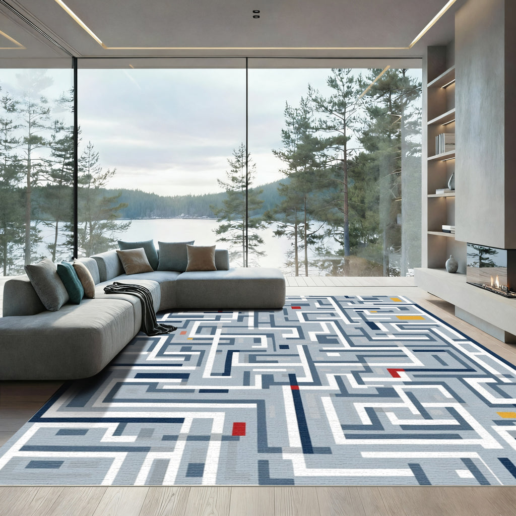 Geometric Maze Path White Blue Rug