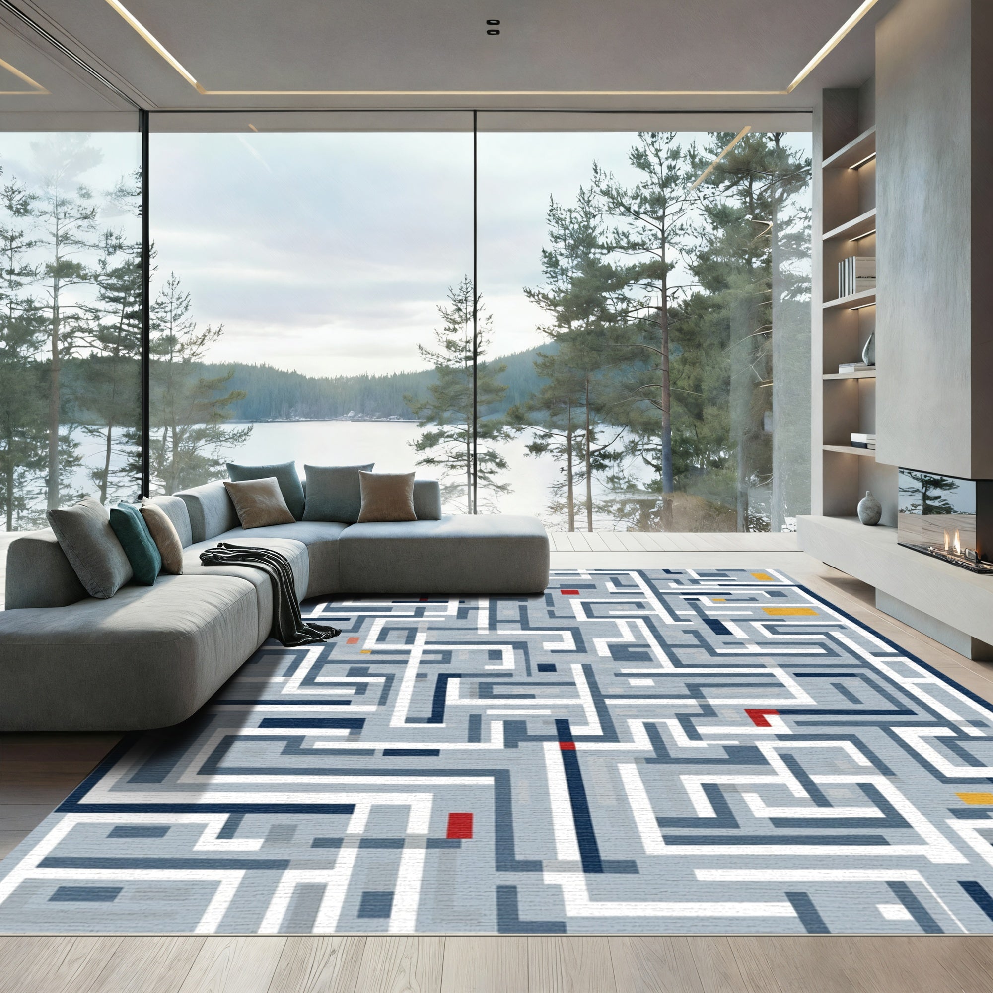 Geometric Maze Path White Blue Rug