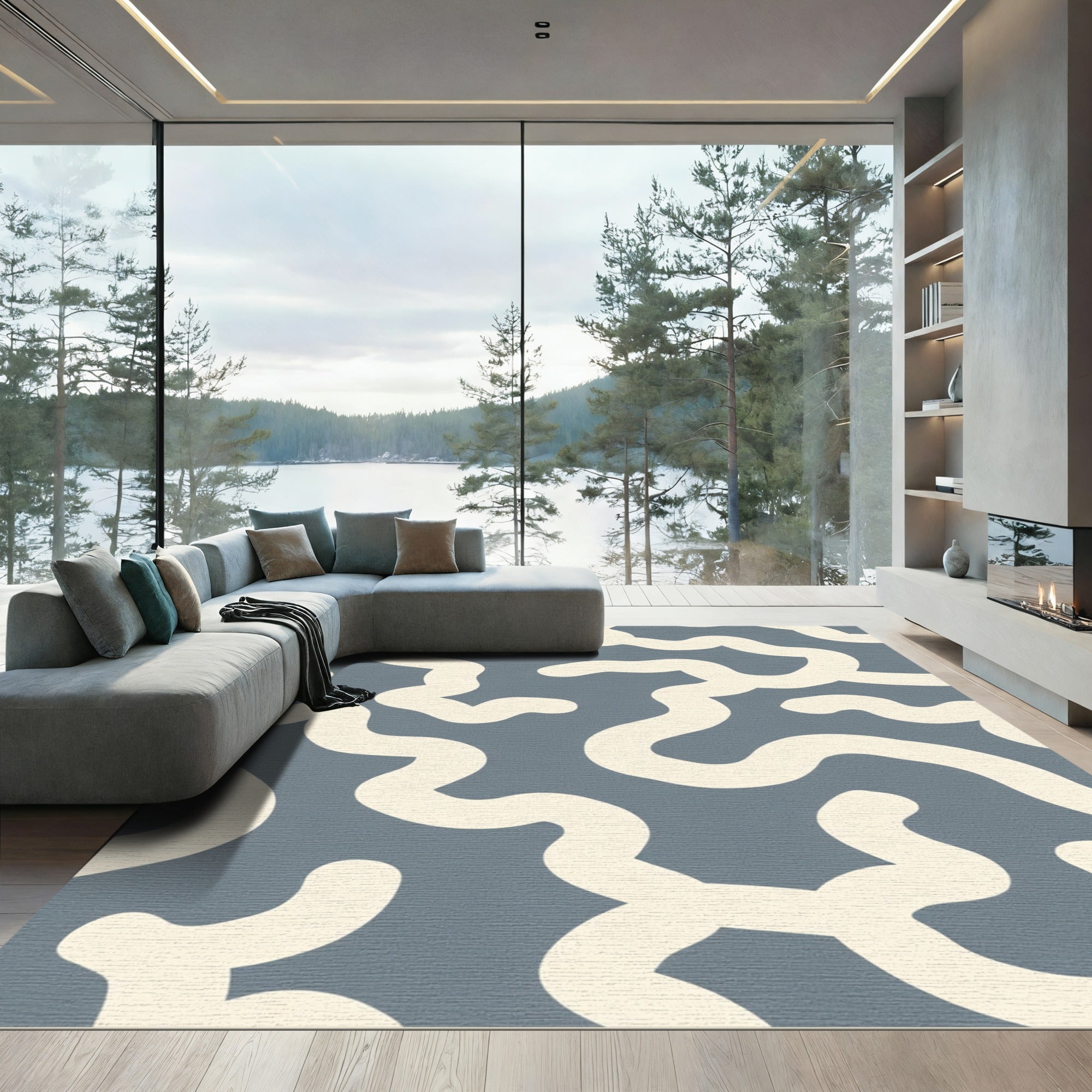 Modern Cream Abstract Swirl Blue Rug