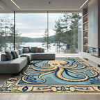 Ornate Beige Octopus Blue Ocean Rug