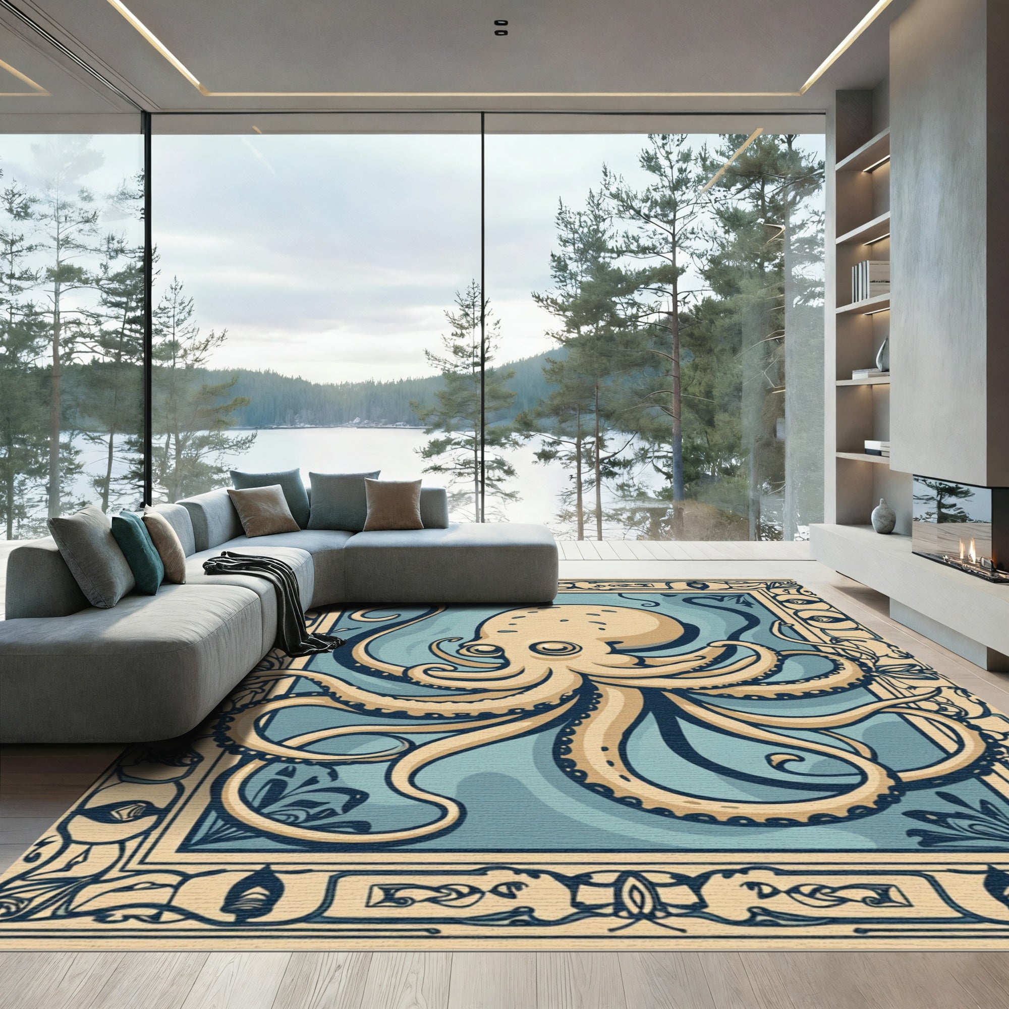 Ornate Beige Octopus Blue Ocean Rug